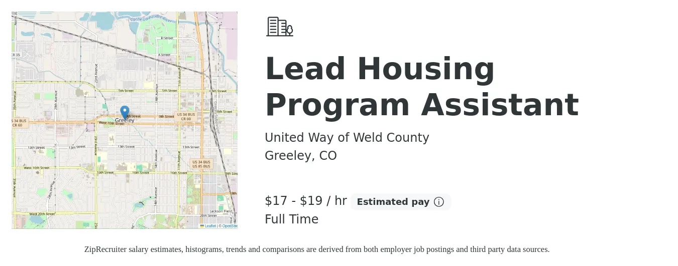 United Way of Weld County job posting for a Lead Housing Program Assistant in Greeley, CO with a salary of $18 to $20 Hourly with a map of Greeley location.