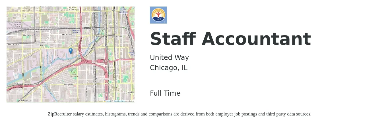 United Way job posting for a Staff Accountant in Chicago, IL with a salary of $56,700 to $74,700 Yearly with a map of Chicago location.