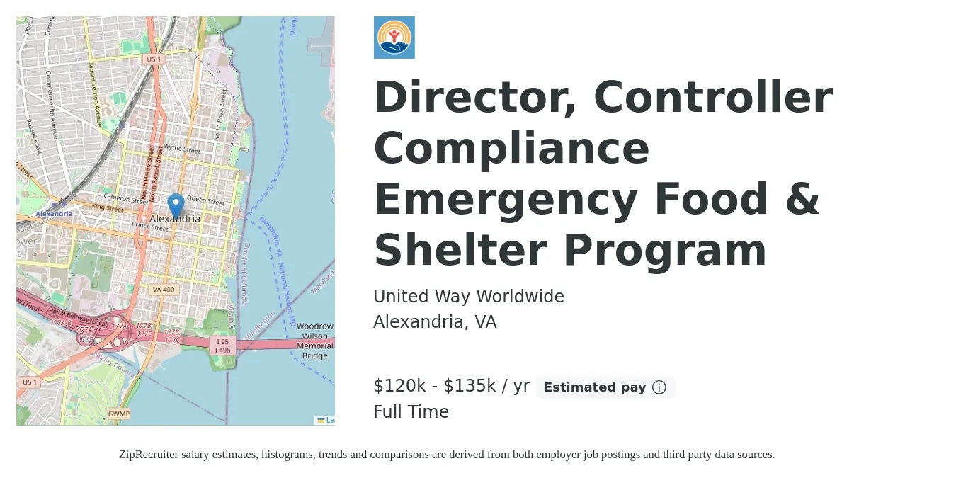 United Way Worldwide job posting for a Director, Controller Compliance Emergency Food & Shelter Program in Alexandria, VA with a salary of $120,000 to $135,000 Yearly with a map of Alexandria location.
