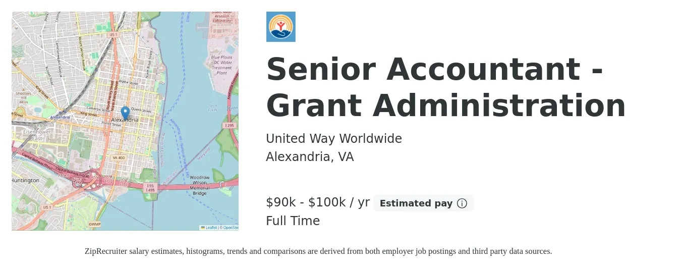United Way Worldwide job posting for a Senior Accountant - Grant Administration in Alexandria, VA with a salary of $90,000 to $100,000 Yearly with a map of Alexandria location.