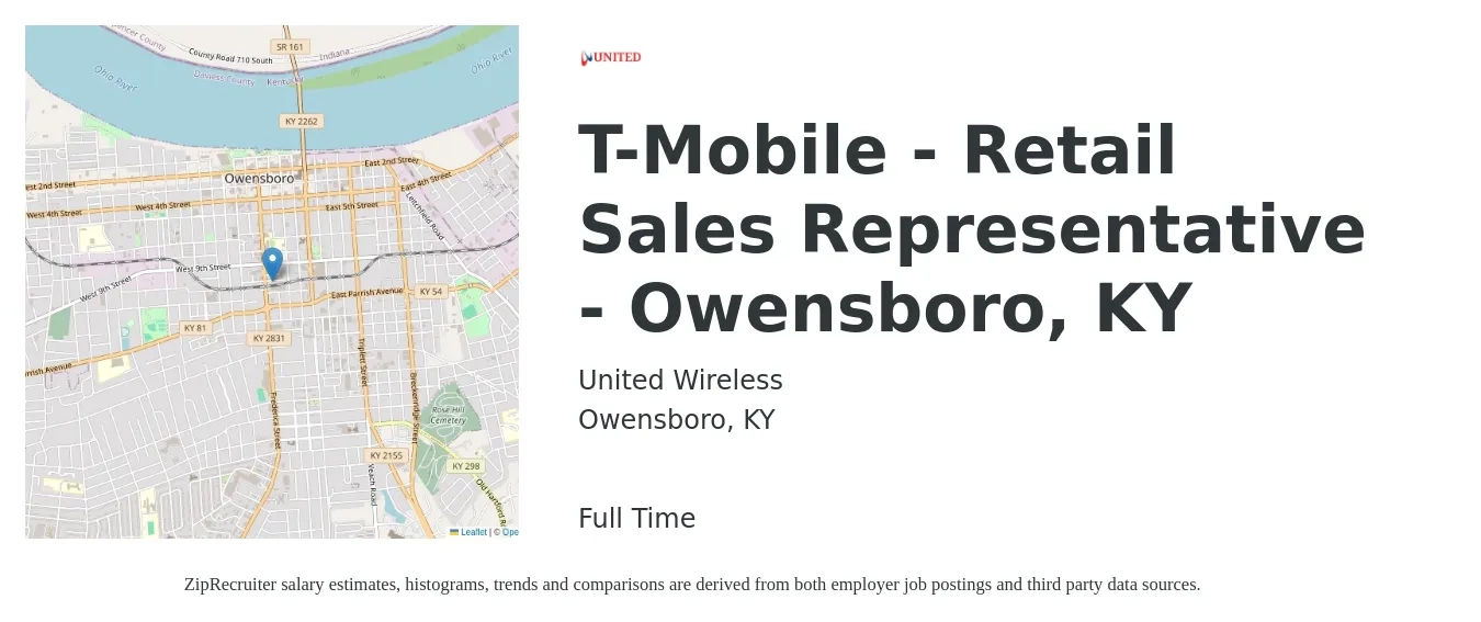 United Wireless job posting for a T-Mobile - Retail Sales Representative - Owensboro, KY in Owensboro, KY with a salary of $15 to $22 Hourly with a map of Owensboro location.