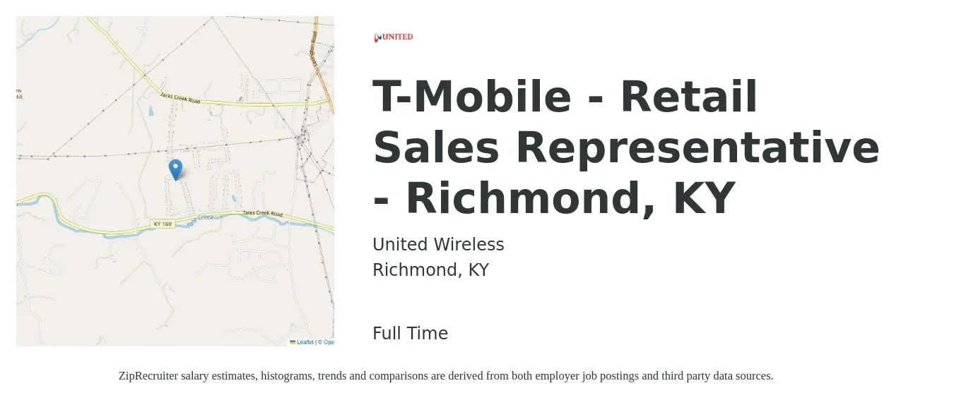 United Wireless job posting for a T-Mobile - Retail Sales Representative - Richmond, KY in Richmond, KY with a salary of $12 to $18 Hourly with a map of Richmond location.