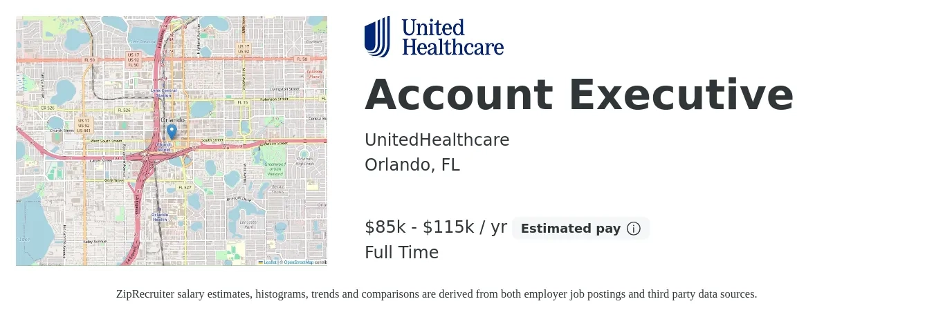 UnitedHealthcare job posting for a Account Executive in Orlando, FL with a salary of $85,000 to $115,000 Yearly with a map of Orlando location.