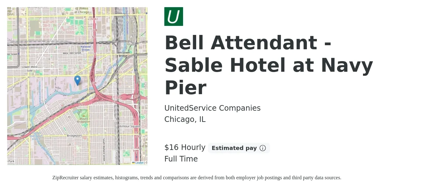 UnitedService Companies job posting for a Bell Attendant - Sable Hotel at Navy Pier in Chicago, IL with a salary of $17 to $17 Hourly with a map of Chicago location.