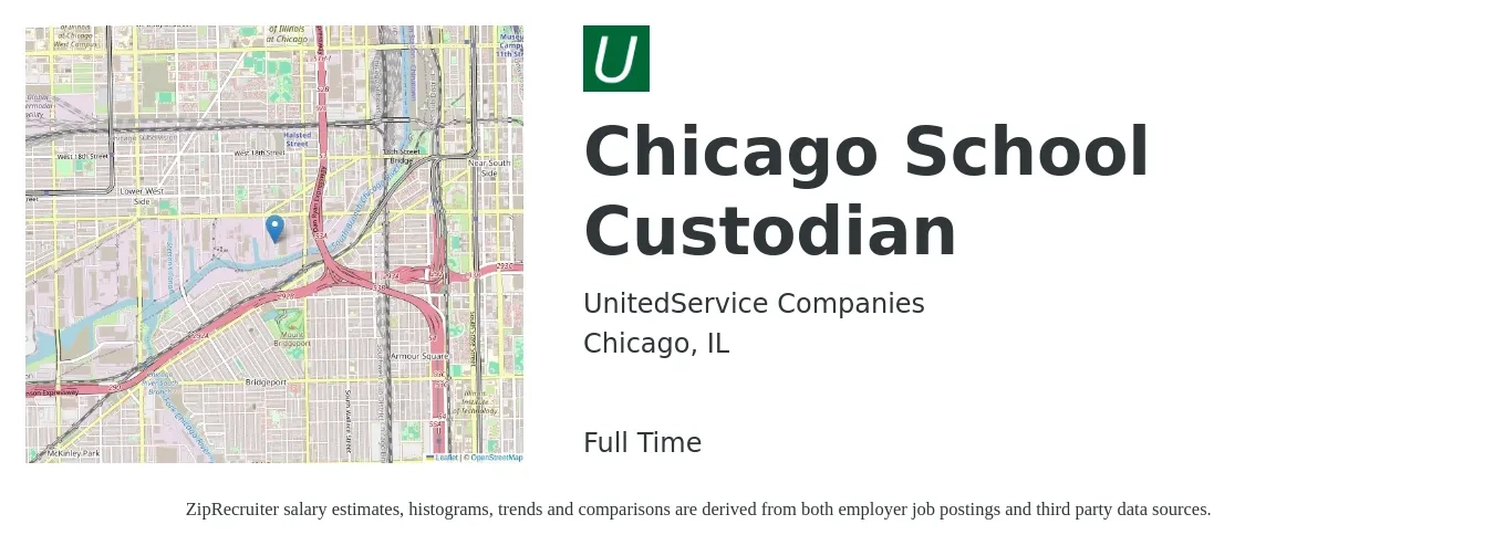 UnitedService Companies job posting for a Chicago School Custodian in Chicago, IL with a salary of $16 to $21 Hourly with a map of Chicago location.