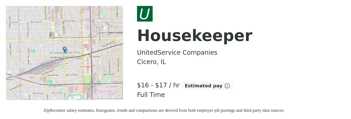 UnitedService Companies job posting for a Housekeeper in Cicero, IL with a salary of $17 to $18 Hourly with a map of Cicero location.