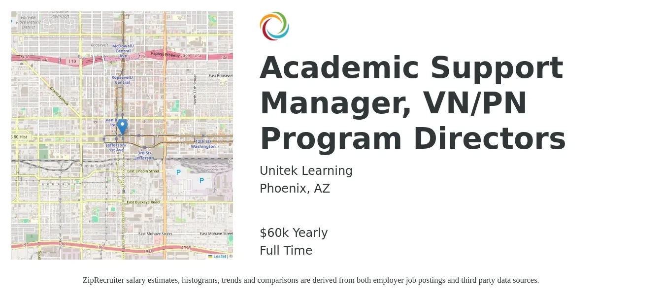 Unitek Learning job posting for a Academic Support Manager, VN/PN Program Directors in Phoenix, AZ with a salary of $60,000 Yearly with a map of Phoenix location.