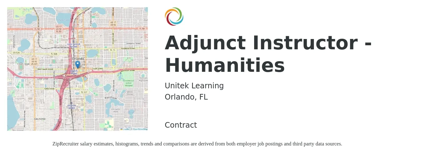 Unitek Learning job posting for a Adjunct Instructor - Humanities in Orlando, FL with a salary of $28 to $56 Hourly with a map of Orlando location.