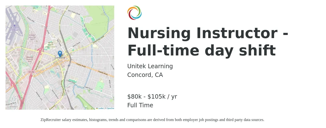 Unitek Learning job posting for a Nursing Instructor - Full-time day shift in Concord, CA with a salary of $80,000 to $105,000 Yearly with a map of Concord location.