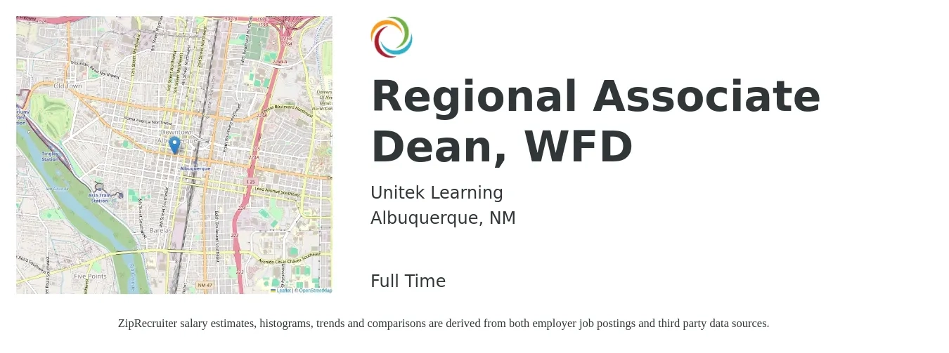 Unitek Learning job posting for a Regional Associate Dean, WFD in Albuquerque, NM with a salary of $40,700 to $206,000 Yearly with a map of Albuquerque location.