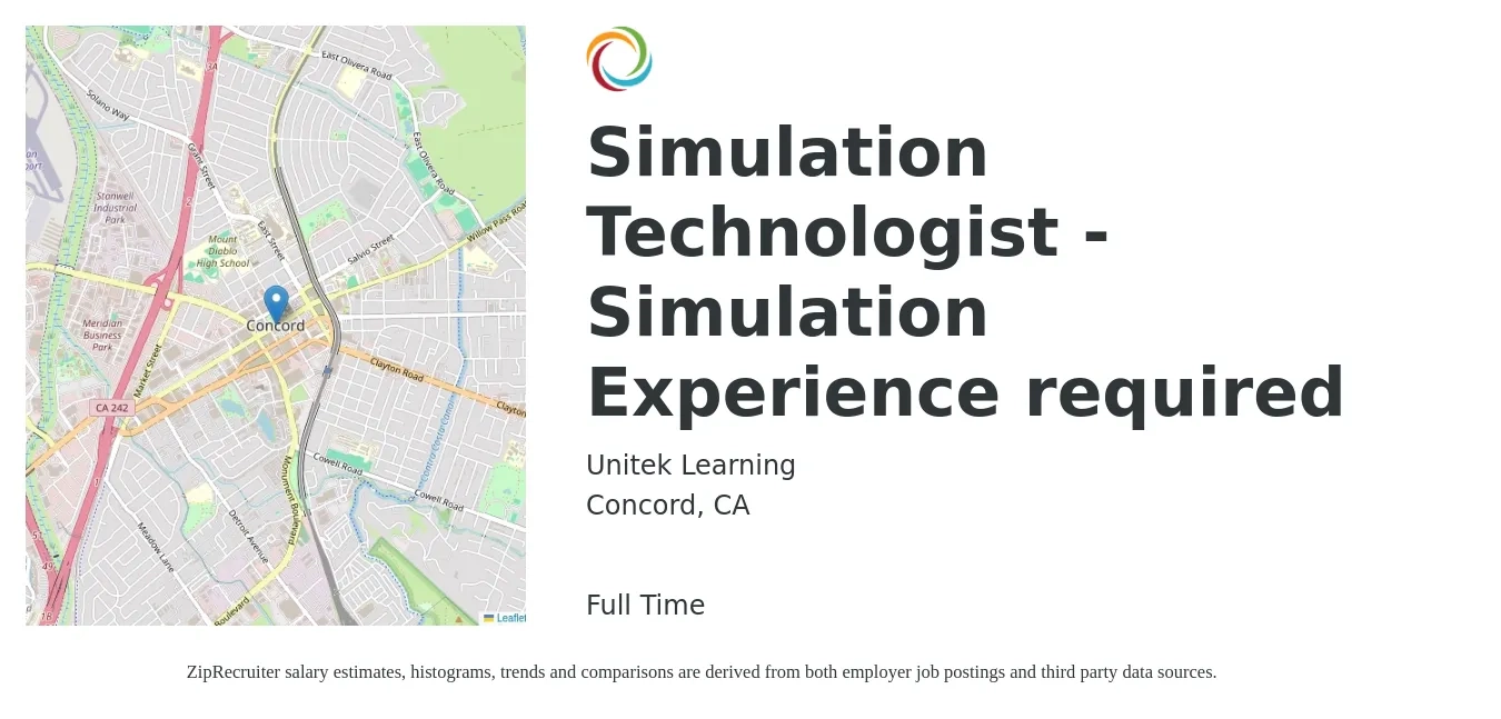 Unitek Learning job posting for a Simulation Technologist - Simulation Experience required in Concord, CA with a salary of $100,900 to $160,800 Yearly with a map of Concord location.
