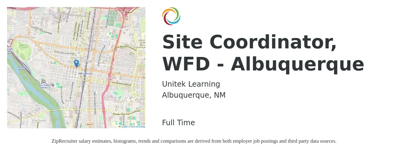 Unitek Learning job posting for a Site Coordinator, WFD - Albuquerque in Albuquerque, NM with a salary of $17 to $24 Hourly with a map of Albuquerque location.