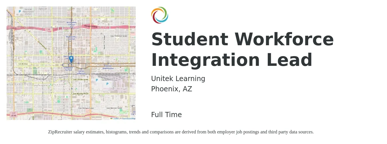 Unitek Learning job posting for a Student Workforce Integration Lead in Phoenix, AZ with a salary of $54,600 to $96,800 Yearly with a map of Phoenix location.