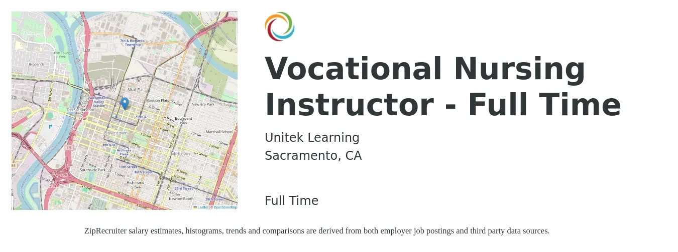 Unitek Learning job posting for a Vocational Nursing Instructor - Full Time in Sacramento, CA with a salary of $80,000 to $105,000 Yearly with a map of Sacramento location.