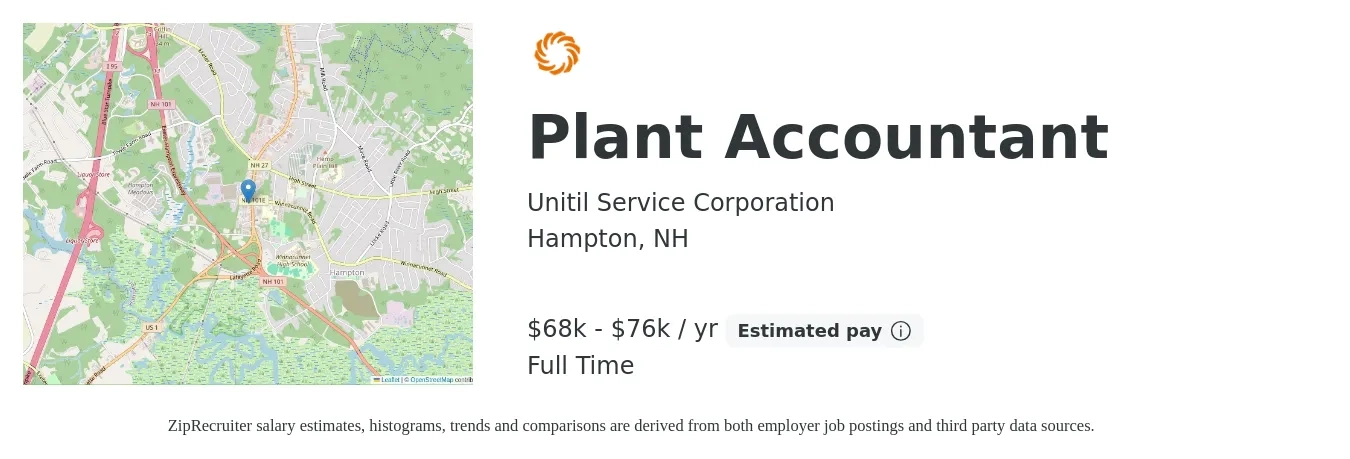 Unitil Service Corporation job posting for a Plant Accountant in Hampton, NH with a salary of $67,900 to $85,100 Yearly with a map of Hampton location.