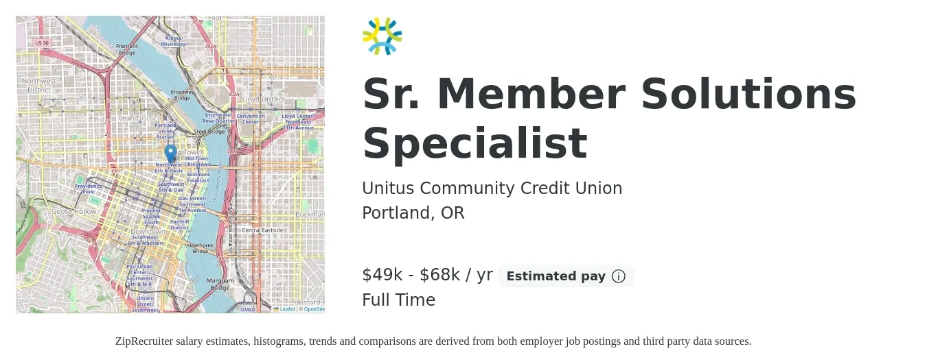 Unitus Community Credit Union job posting for a Sr. Member Solutions Specialist in Portland, OR with a salary of $49,229 to $68,920 Yearly with a map of Portland location.