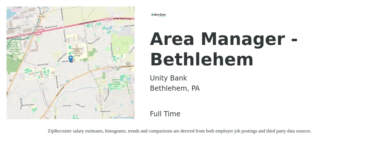 Unity Bank job posting for a Area Manager - Bethlehem in Bethlehem, PA with a salary of $38,000 to $70,700 Yearly with a map of Bethlehem location.