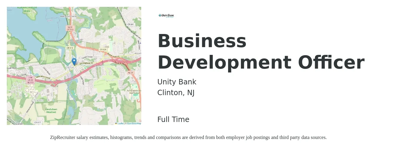 Unity Bank job posting for a Business Development Officer in Clinton, NJ with a salary of $70,400 to $102,200 Yearly with a map of Clinton location.
