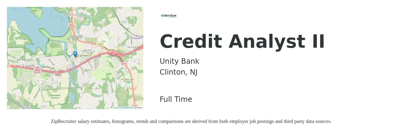 Unity Bank job posting for a Credit Analyst II in Clinton, NJ with a salary of $25 to $36 Hourly with a map of Clinton location.