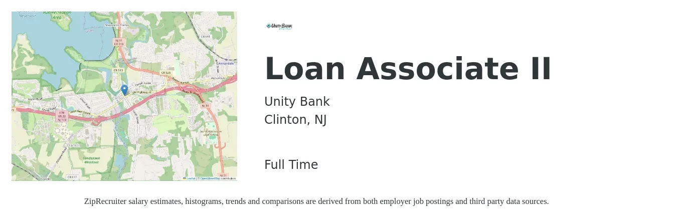 Unity Bank job posting for a Loan Associate II in Clinton, NJ with a salary of $16 to $26 Hourly with a map of Clinton location.