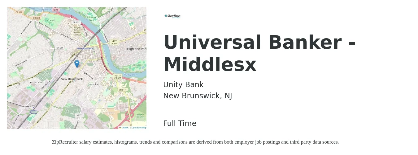 Unity Bank job posting for a Universal Banker - Middlesx in New Brunswick, NJ with a salary of $18 to $23 Hourly with a map of New Brunswick location.