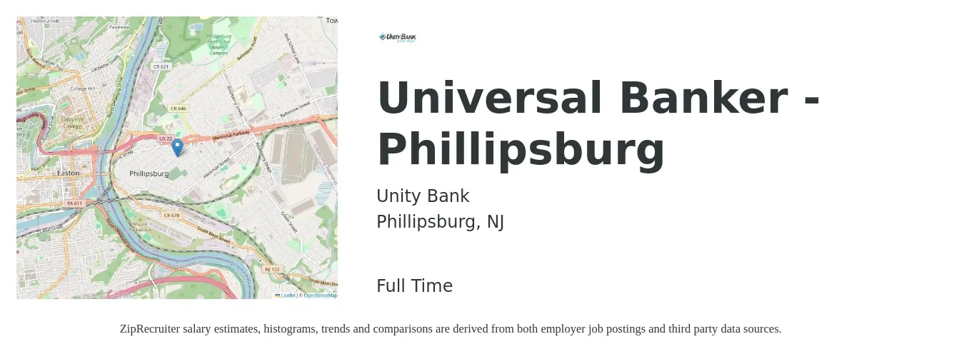 Unity Bank job posting for a Universal Banker - Phillipsburg in Phillipsburg, NJ with a salary of $17 to $21 Hourly with a map of Phillipsburg location.