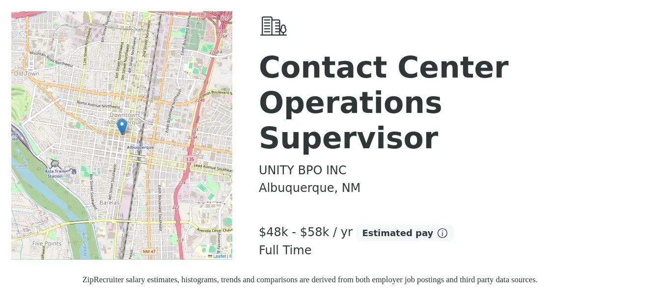 UNITY BPO INC job posting for a Contact Center Operations Supervisor in Albuquerque, NM with a salary of $48,000 to $58,000 Yearly with a map of Albuquerque location.