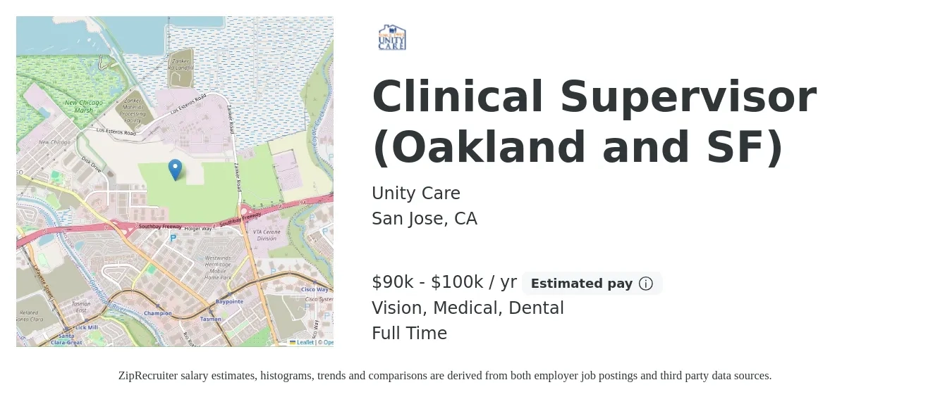 Unity Care job posting for a Clinical Supervisor (Oakland and SF) in San Jose, CA with a salary of $90,000 to $100,000 Yearly and benefits including life_insurance, medical, retirement, vision, and dental with a map of San Jose location.