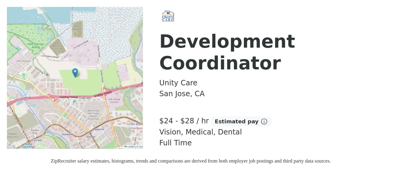 Unity Care job posting for a Development Coordinator in San Jose, CA with a salary of $25 to $30 Hourly and benefits including retirement, vision, dental, life_insurance, and medical with a map of San Jose location.