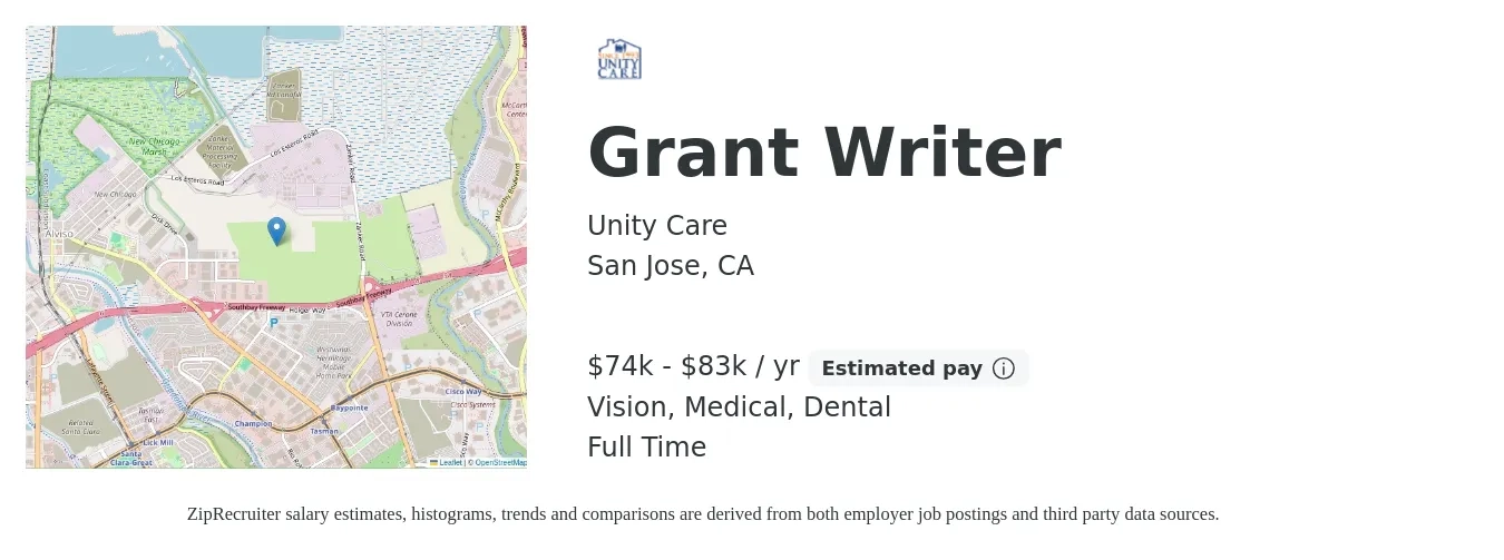 Unity Care job posting for a Grant Writer in San Jose, CA with a salary of $74,000 to $83,000 Yearly and benefits including dental, life_insurance, medical, retirement, and vision with a map of San Jose location.