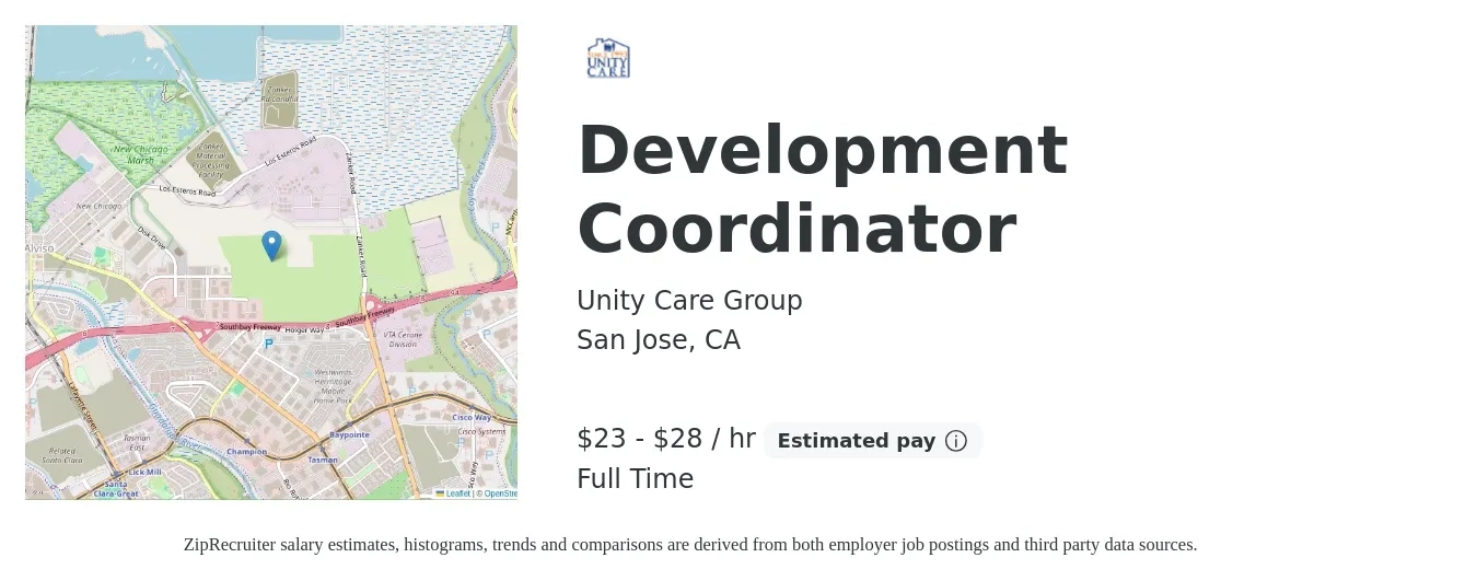 Unity Care Group job posting for a Development Coordinator in San Jose, CA with a salary of $24 to $30 Hourly with a map of San Jose location.