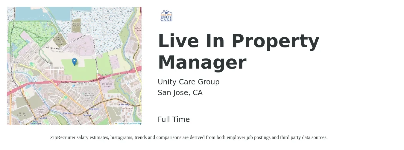 Unity Care Group job posting for a Live In Property Manager in San Jose, CA with a salary of $18 to $18 Hourly with a map of San Jose location.