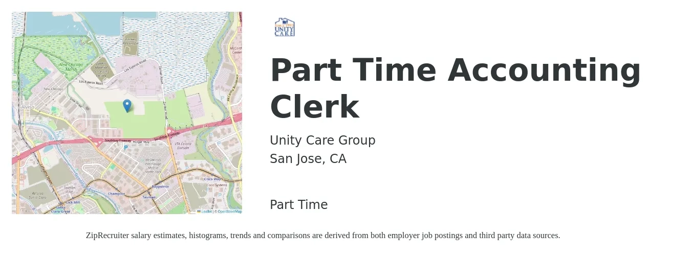 Unity Care Group job posting for a Part Time Accounting Clerk in San Jose, CA with a salary of $27 to $29 Hourly with a map of San Jose location.