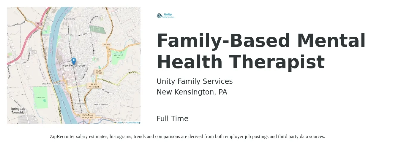 Unity Family Services job posting for a Family-Based Mental Health Therapist in New Kensington, PA with a salary of $25 to $32 Hourly with a map of New Kensington location.