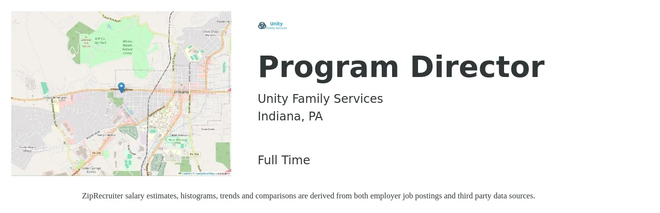 Unity Family Services job posting for a Program Director in Indiana, PA with a salary of $65,000 to $75,000 Yearly with a map of Indiana location.
