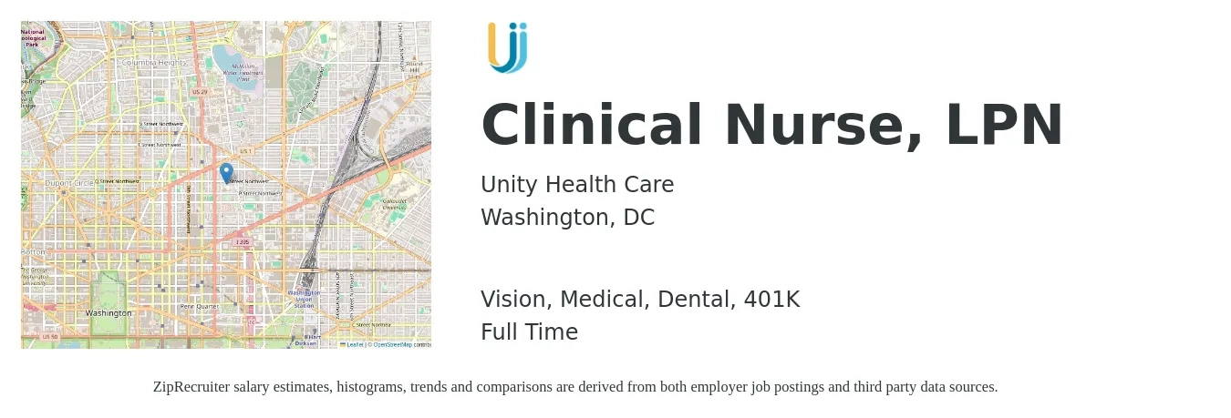 Unity Health Care job posting for a Clinical Nurse, LPN in Washington, DC with a salary of $29 to $40 Hourly and benefits including medical, vision, 401k, dental, and life_insurance with a map of Washington location.