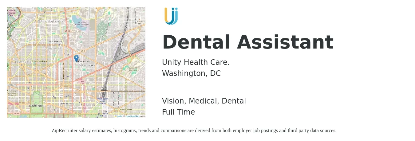 Unity Health Care job posting for a Dental Assistant in Washington, DC with a salary of $20 to $26 Hourly and benefits including dental, life_insurance, medical, pto, retirement, and vision with a map of Washington location.