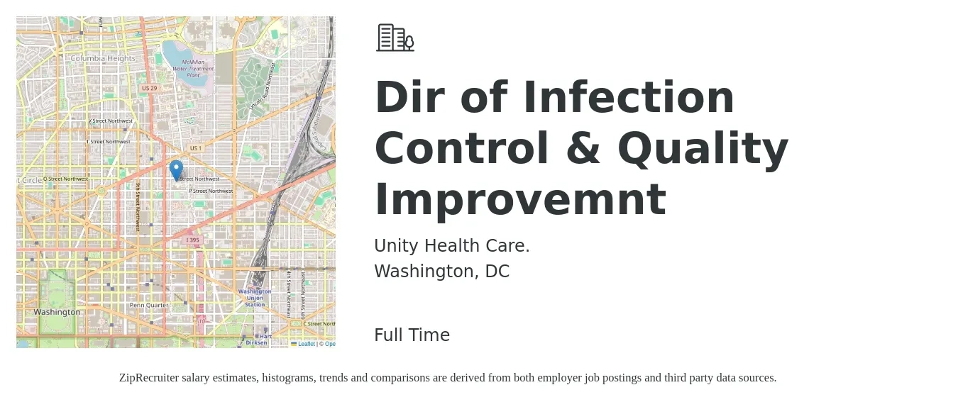 Unity Health Care. job posting for a Dir of Infection Control & Quality Improvemnt in Washington, DC with a salary of $103,300 to $171,300 Yearly with a map of Washington location.