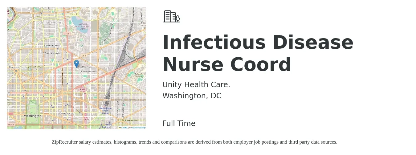 Unity Health Care. job posting for a Infectious Disease Nurse Coord in Washington, DC with a salary of $36 to $54 Hourly with a map of Washington location.