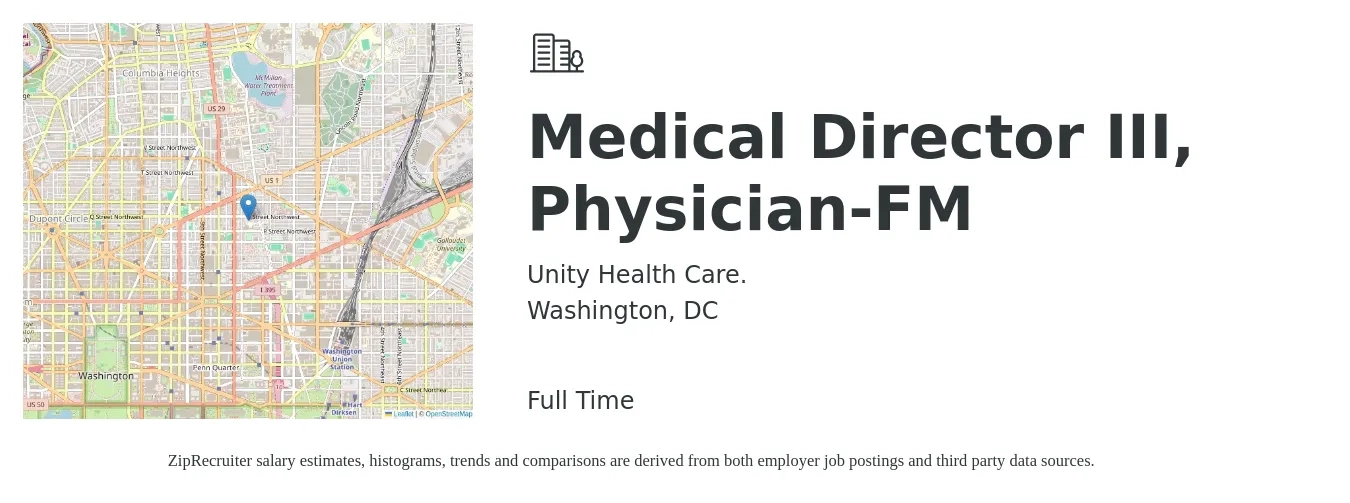 Unity Health Care. job posting for a Medical Director III, Physician-FM in Washington, DC with a salary of $201,700 to $289,800 Yearly with a map of Washington location.