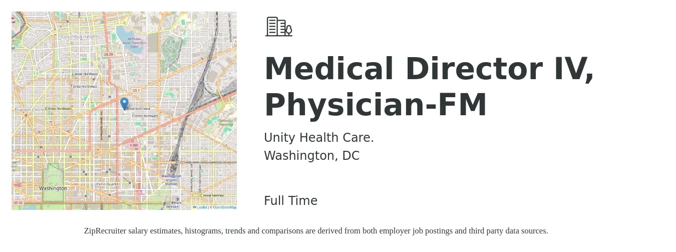 Unity Health Care. job posting for a Medical Director IV, Physician-FM in Washington, DC with a salary of $130,400 to $281,700 Yearly with a map of Washington location.