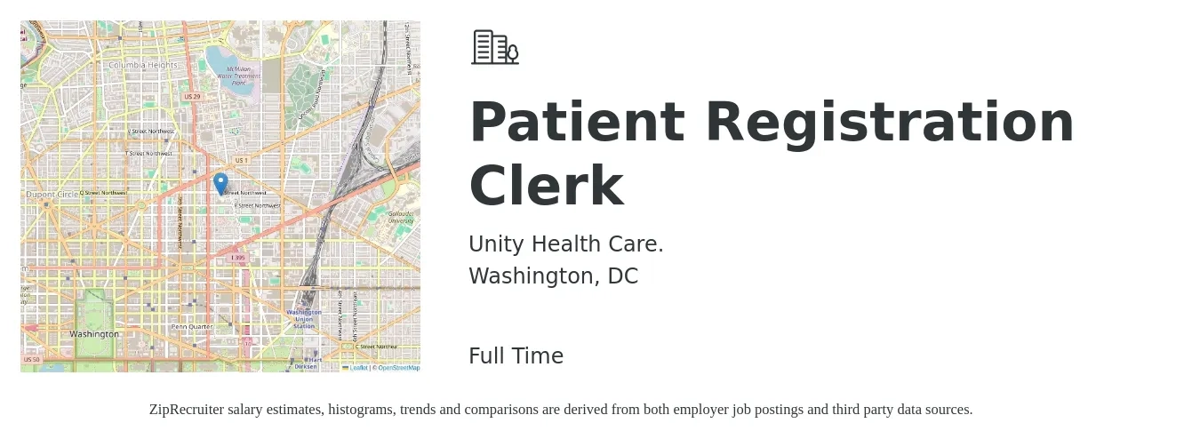 Unity Health Care. job posting for a Patient Registration Clerk in Washington, DC with a salary of $15 to $19 Hourly with a map of Washington location.
