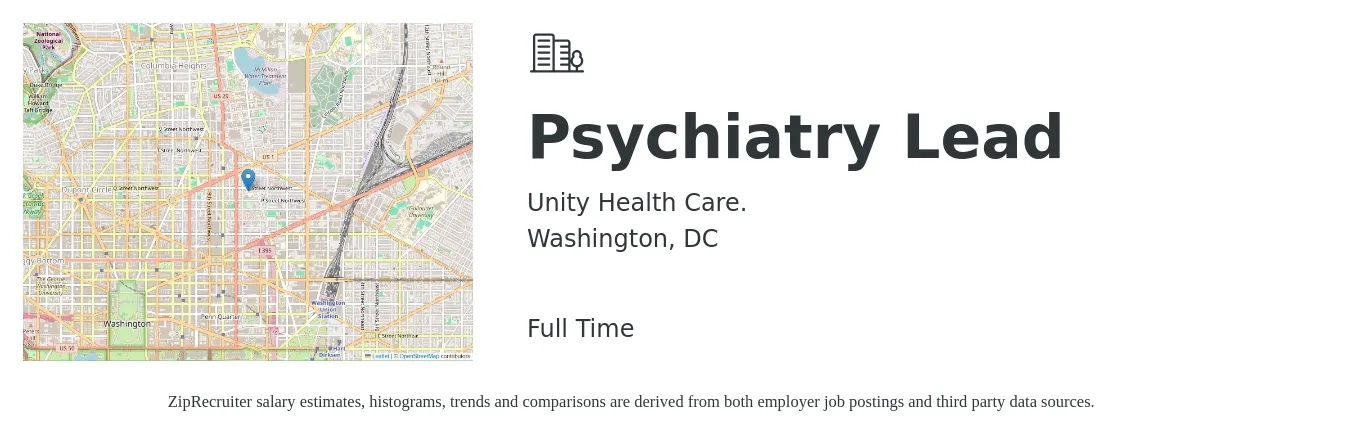 Unity Health Care. job posting for a Psychiatry Lead in Washington, DC with a salary of $22 to $41 Hourly with a map of Washington location.