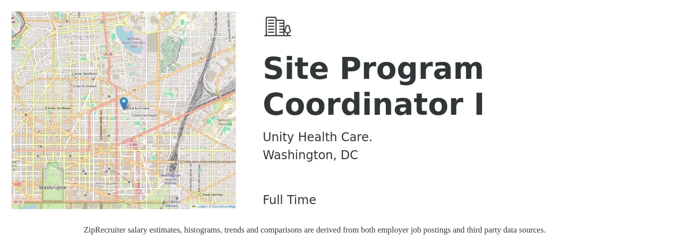 Unity Health Care. job posting for a Site Program Coordinator I in Washington, DC with a salary of $20 to $28 Hourly with a map of Washington location.