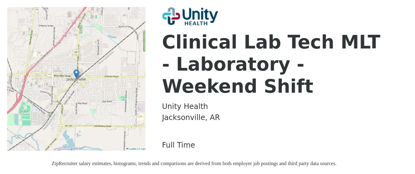 Unity Health job posting for a Clinical Lab Tech MLT - Laboratory - Weekend Shift in Jacksonville, AR with a salary of $23 to $43 Hourly with a map of Jacksonville location.