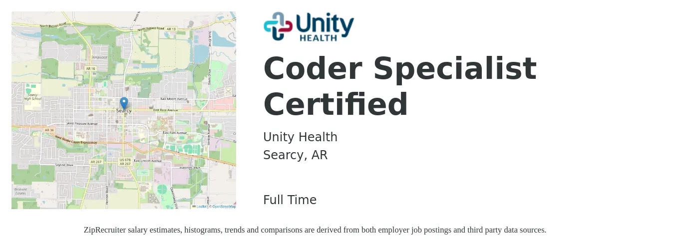 Unity Health job posting for a Coder Specialist Certified in Searcy, AR with a salary of $22 to $31 Hourly with a map of Searcy location.
