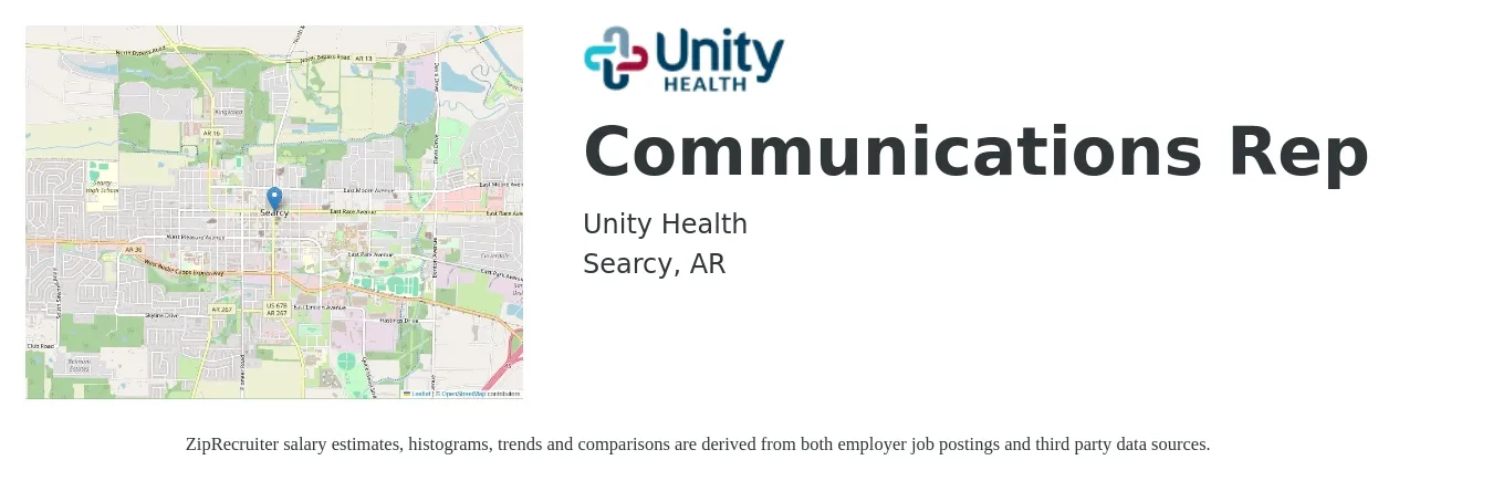 Unity Health job posting for a Communications Rep in Searcy, AR with a salary of $15 to $24 Hourly with a map of Searcy location.