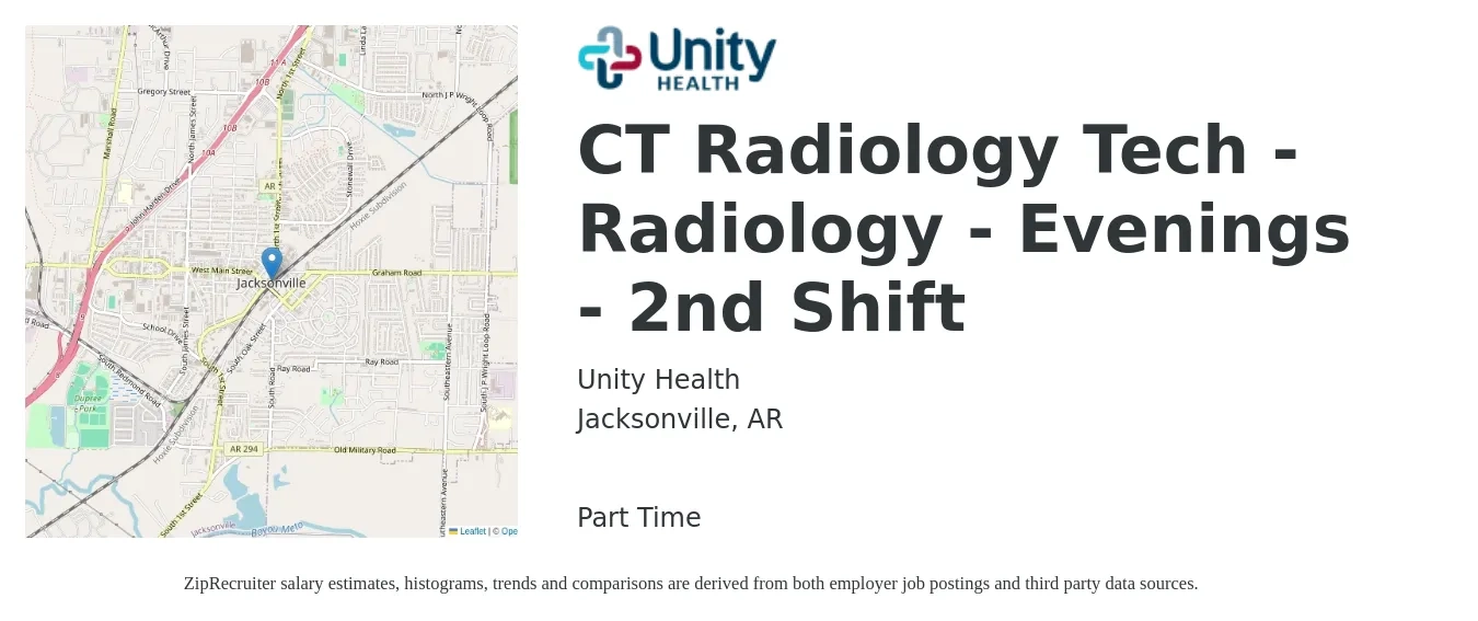 Unity Health job posting for a CT Radiology Tech - Radiology - Evenings - 2nd Shift in Jacksonville, AR with a salary of $32 to $47 Hourly with a map of Jacksonville location.