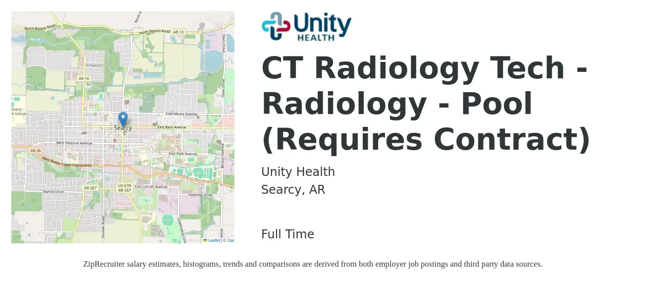 Unity Health job posting for a CT Radiology Tech - Radiology - Pool (Requires Contract) in Searcy, AR with a salary of $30 to $46 Hourly with a map of Searcy location.