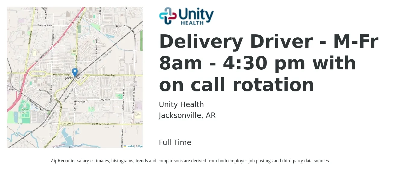 Unity Health job posting for a Delivery Driver - M-Fr 8am - 4:30 pm with on call rotation in Jacksonville, AR with a salary of $16 to $21 Hourly with a map of Jacksonville location.